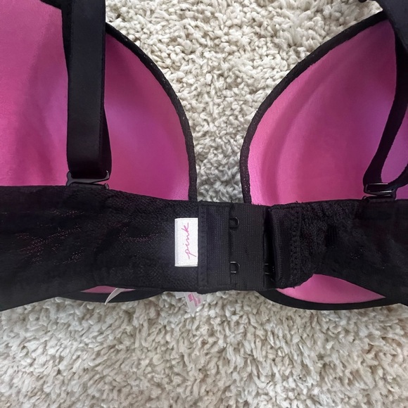 PINK VICTORIA SECRET T-SHIRT BLACK LACE BRA SIZE 36D EEUC - Picture 6 of 10